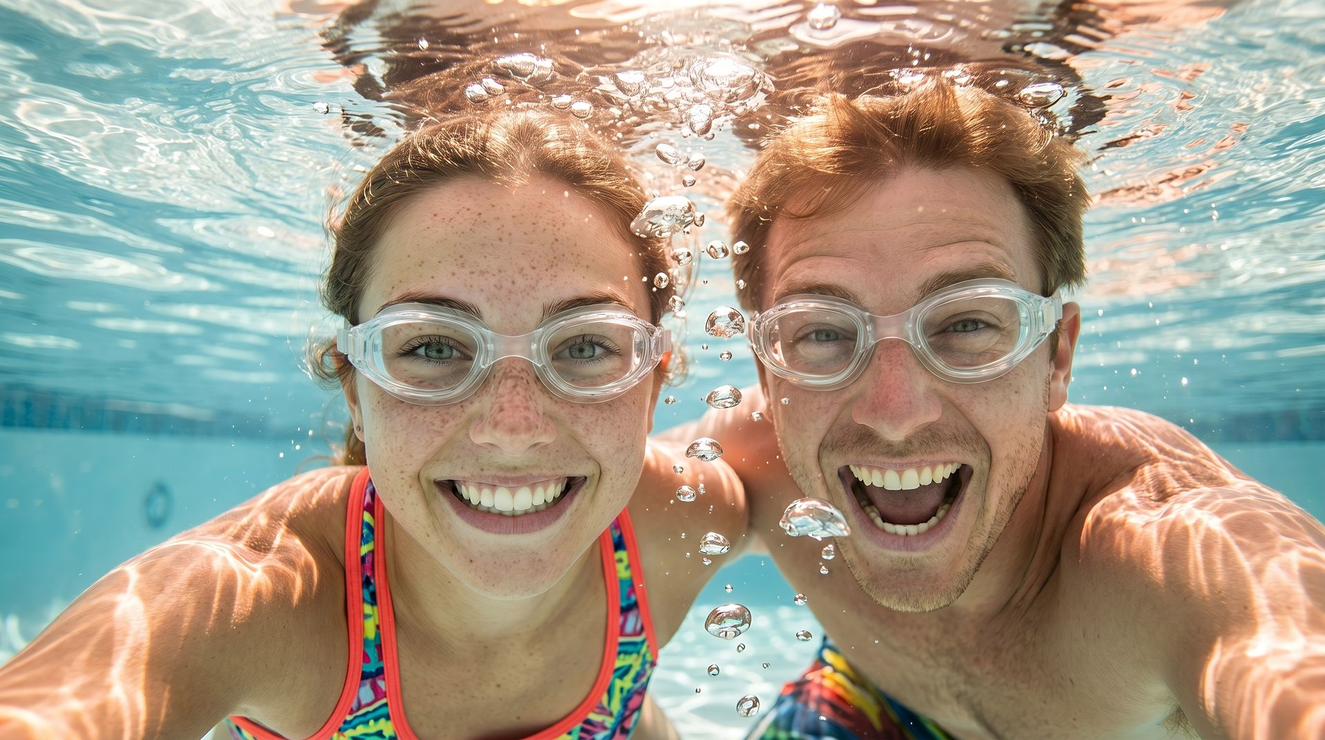 Twee lachende deelnemers kijken onder water in een zwembad