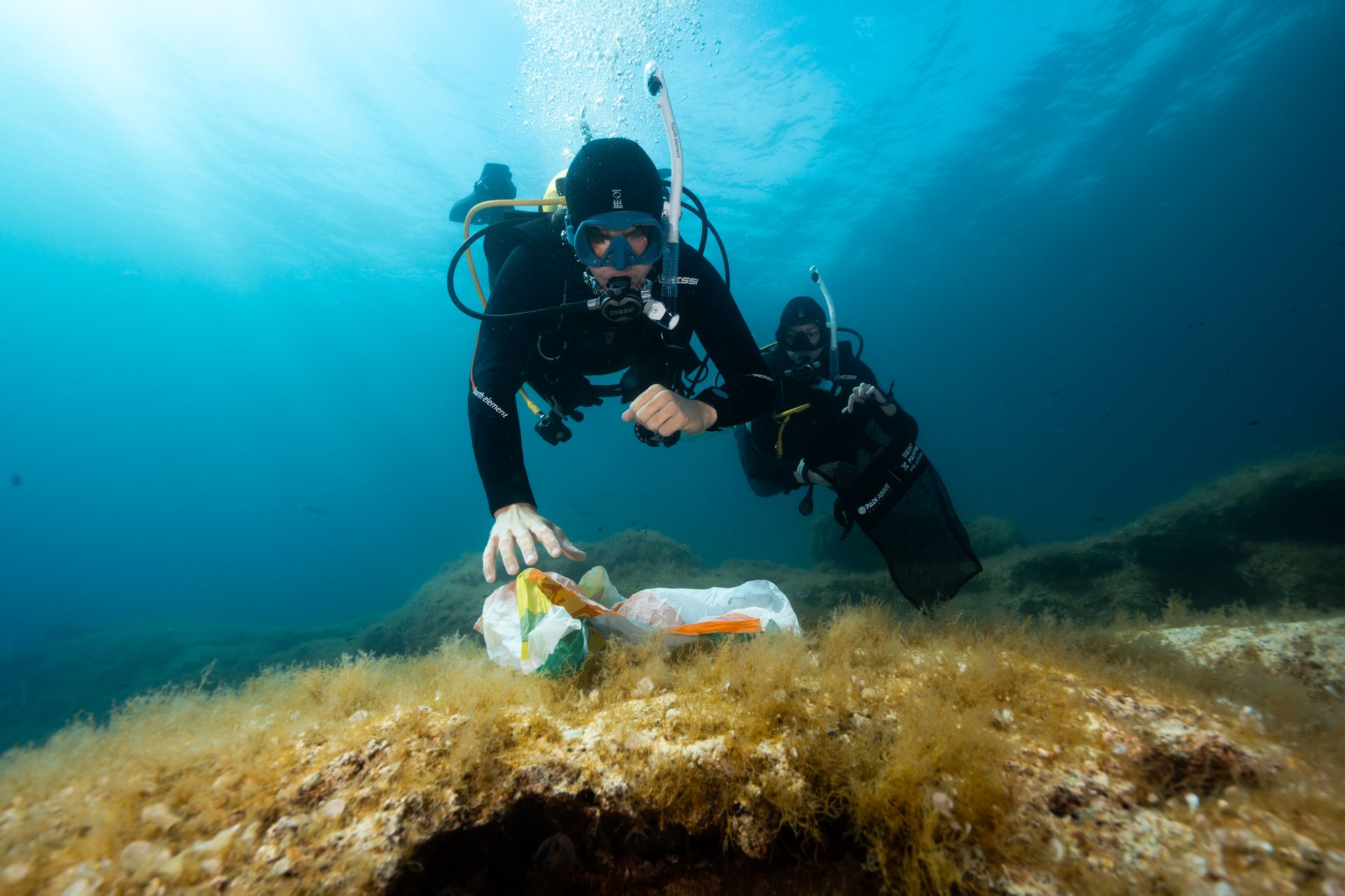 Duikers verzamelen onderwaterafval tijdens een Dive Against Debris activiteit
