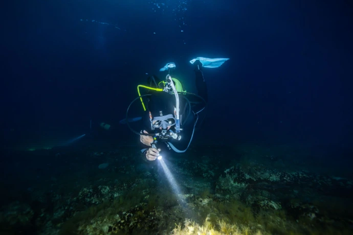 Duiker verkent de omgeving tijdens een nachtduik met Dive Pro Group